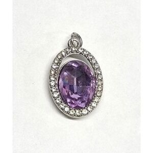 Silvertone Oval Pendant Purple Faceted Stone Clear Rhinestone Halo One of a Kind